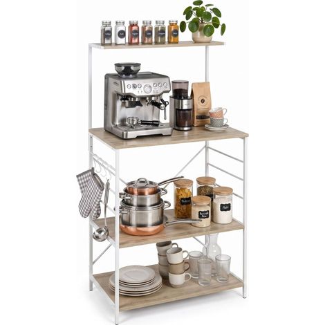 Mensola da cucina a 4 ripiani con ganci – Effetto legno, MDF e metallo (1/5)