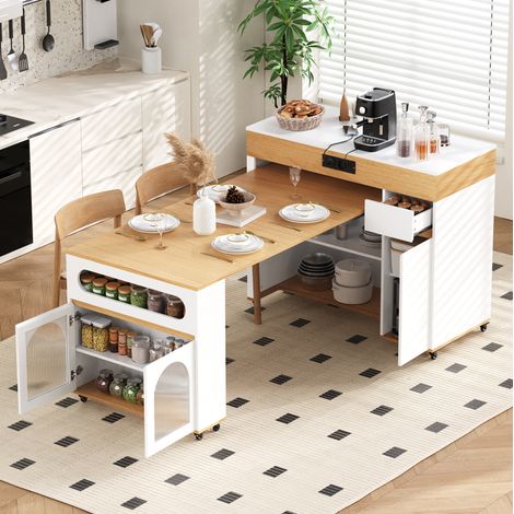 Rollende Kücheninsel 110,5×50,5×95,5 cm aus MDF, Weiß und Holz, ausziehbar (1/5)