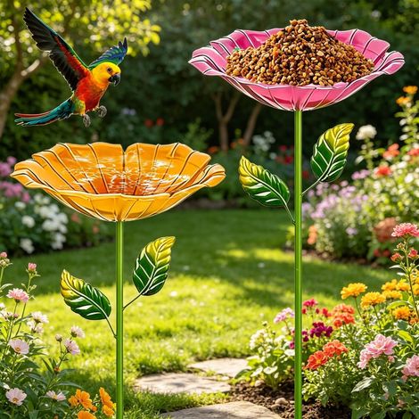 Bain d'oiseaux et Mangeoire de Jardin Lot de 2 Décoration Fleur en Métal sur Piquet Distributeur de Nourriture et Abreuvoir pour Oiseaux Sauvages et Papillons Extérieur Balcon Terrasse Haute de 80cm (1/5)