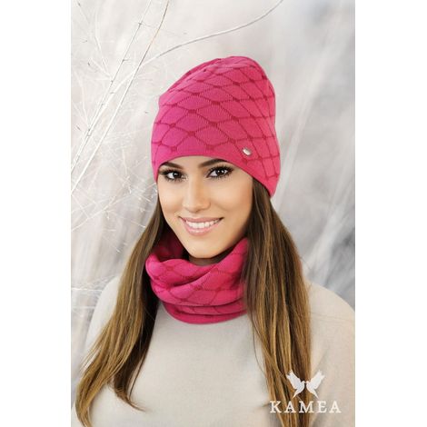 Conjunto de gorro y bufanda de algodón con diseño de rombos, color frambuesa. (1/2)