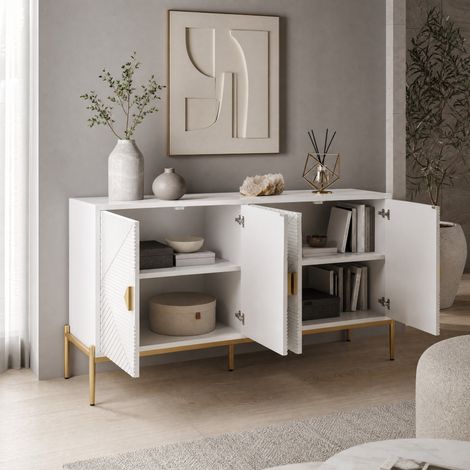 Buffet 4 portes blanc 162 x 40 x 80 cm avec relief géométrique et pieds métalliques DESVIAE (1/5)
