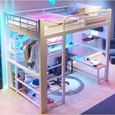 Letto a soppalco 204x145x180 cm, con scrivania, appendiabiti, pannello forato, LED, metallo bianco (1/5)