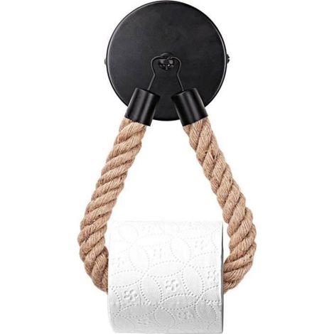 Porte Papier Toilette - Sans Perçage - Support Rouleau WC Vintage - Corde de Jute et Métal Noir Mat - 1 Pièce (1/5)