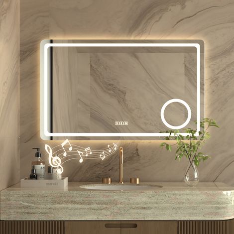 3X Loupe Miroir de Salle de Bain avec Éclairage LED 80×60 cm avec Bluetooth,antibuée,lumière réglable 3 couleurs,variateur d'intensité,mémoire