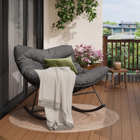 Fauteuil à bascule jardin surdimensionné à oreillers – Coussin capitonné crème extra épais – Relaxation terrasse piscine – 97x102x86cm