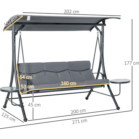 Balançoire Hollywood, balancelle de jardin 3 places, banc suspendu avec pare-soleil réglable et table basse, acier, polyester, gris et noir, 271 x 125 x 177 cm