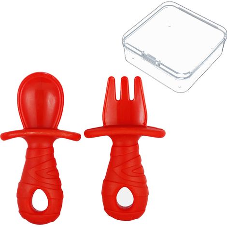 Cuillère Et Fourchette En Silicone Pour Bébé - Poignée Courte - Antidérapante Avec Ventouse - Sans BPA - Pour Aliments Solides - Lot De 2 (1/5)