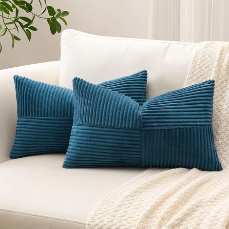 Lot de 2 Housse de Coussin 40x60 cm en Velours Côtelé, Housse Coussins Patchwork à Rayures Croisées Doux Taies d'oreiller Décoratives pour Lit Canapé Chambre Salon, Bleu Poussière (1/5)