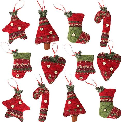 12 Pcs Noël Ornements De Sapin De Jute Décorations Suspendues, Chaussette De Noël Gant Canne Arbre Étoile Décor En Forme De Coeur, Sapin De Noël Ornements Suspendus pour Décoration De Fête De Vacances