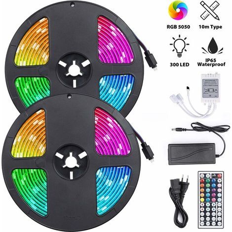 Bande lumineuse LED RGB, Ruban LED 10M avec 180 LED de lumière, Bande Auto-adhésive Télécommandée IP65 imperméable pour Mur Arrière Party(Bande LED 10m) - RWAccessoire pour ruban LED (connecteur, cont (1/5)