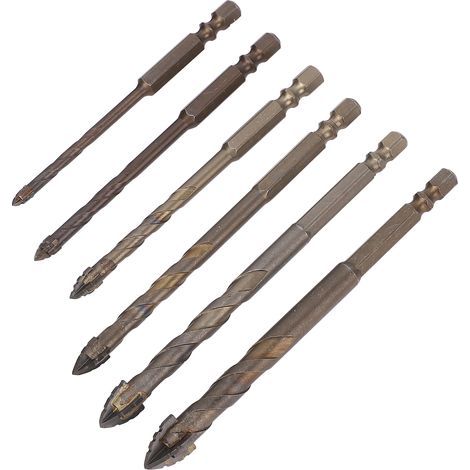 Jeu de 6 forets excentriques à 4 cannelures, dentelés et hélicoïdaux, pour béton, maçonnerie, verre, brique, ciment, céramique et bois. (1/5)