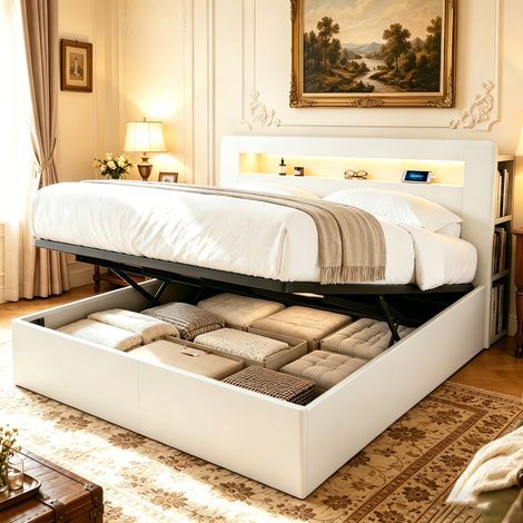lit adulte rangement 180x200 bois blanc LED OKMYHOME (1/5)