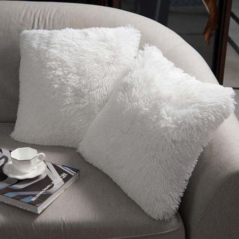 Lot de 2 Housse de Coussin Fourrure Moelleux Doux en Peluche Coussins Carré Décoratif pour Salon Canapé Chambre Voiture 45x45 Blanc (1/4)