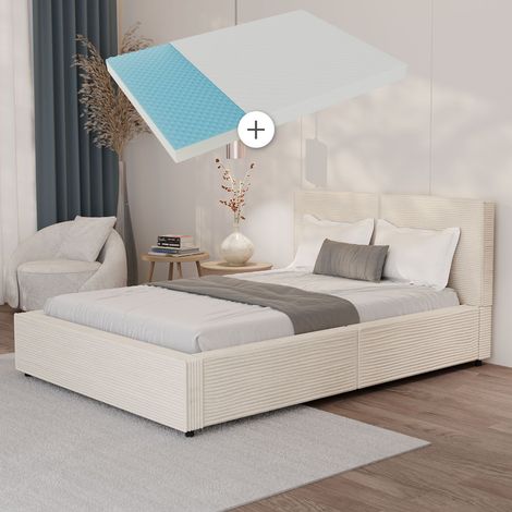 Juskys Polsterbett Salerno 140 x 200 cm mit Matratze – Cord Beige, modernes Bett mit Kopf- & Fußteil, stabilem Holz- & Metallrahmen, Lattenrost, 500 kg Tragkraft