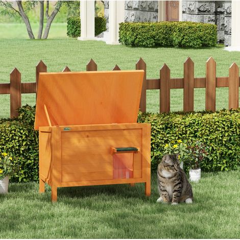 Casa para gato de exterior aislada de madera con cortina, elevada, naranja 85x50x68,5 cm (1/5)