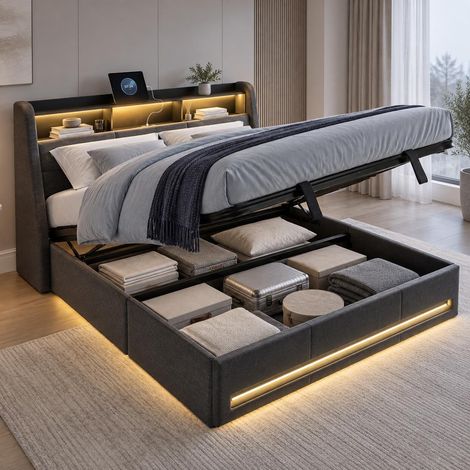 Cama canapé abatible 160x200 cm con luces LED RGB y enchufe USB Tipo C, Cabecero con espacio de almacenaje y somier de láminas, tela de lino, Gris (1/5)