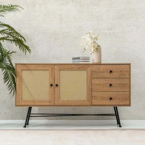 Buffet bohème effet bois, 2 portes en cannage VAREN (1/5)