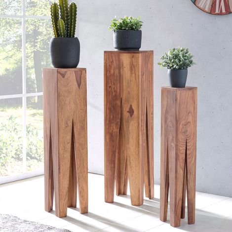 Lot de 3 sellettes en acacia massif 25x25x100 cm – Style ethnique rustique – Fissures naturelles pour un effet décoratif – Livré prêt à monter