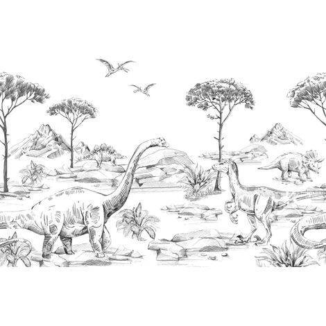 papier peint panoramique dinosaures noir et blanc  - ESTAhome (1/5)