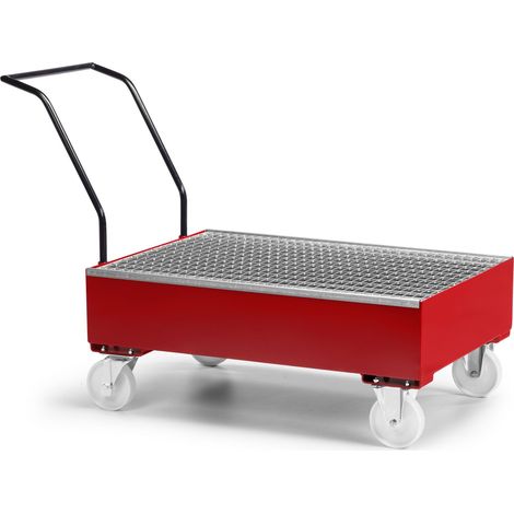 RR Industrietechnik Fahrbare Auffangwanne aus Stahl für 2x 200 Liter Fass mit Gitterrost RAL 3000 feuerrot