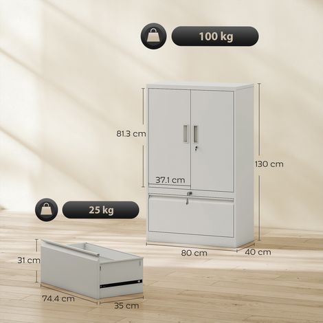 Mobilier de bureau en acier avec étagères et tiroirs réglables, 80 x 40 x 130 cm, blanc (1/5)