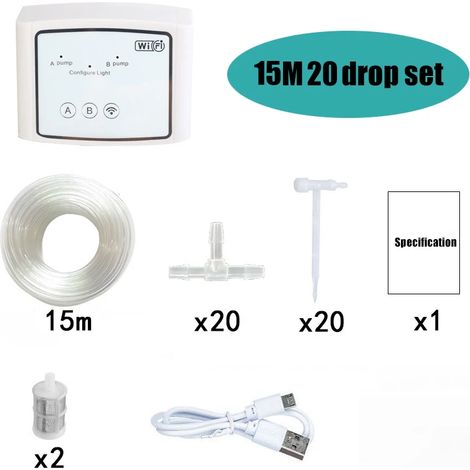 (Tuyau d'eau de 15 mètres, 15 régulateurs) Système d'irrigation goutte à goutte automatique intelligent WiFi pour jardin, arrosage contrôlé par téléphone portable. (1/5)