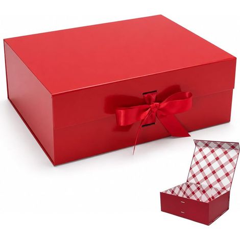 Große rote Geschenkbox 33,5 x 27 x 12,5 cm, hochwertige Geschenkbox mit Magnetverschluss und Schleife für Weihnachts-, Hochzeits- und Geburtstagsgeschenke, kariertes Innenfutter (1/5)