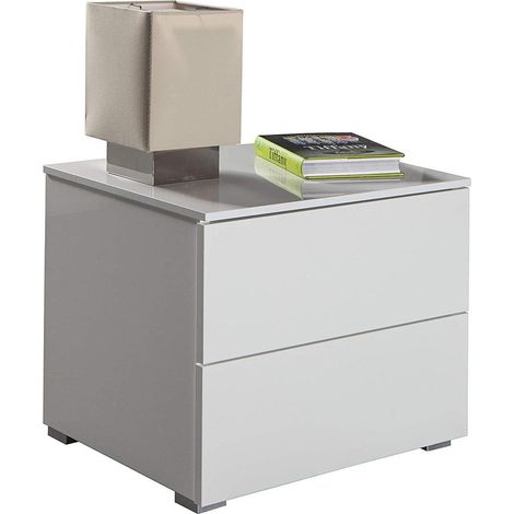 Kommode für Schlafzimmer in Weiß glänzend, Sideboard mit Metall Schubladenschienen -Nachttisch 2 Schubladen (1/3)