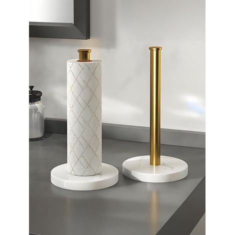 Porte‑rouleau sur pied style luxe‑léger, tube acier inox 201 doré, base lestée marbre artificiel blanc, sans perçage, multi‑usage cuisine salle de bain (1/5)