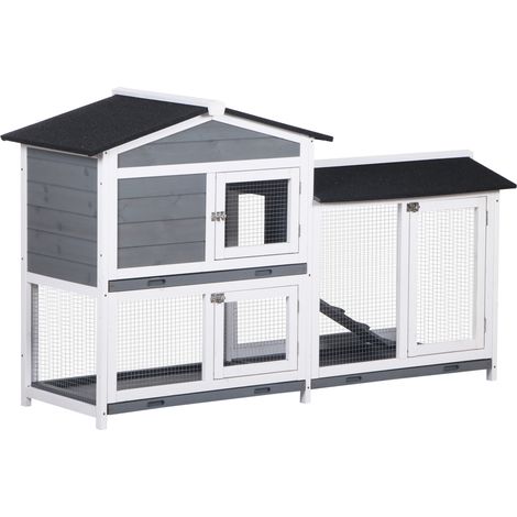 Hasenstall Kaninchenstall mit Freilaufgehege Rampe Kleintierstall aus Holz mit 2 Etagen Bodenwanne 157,4x53x93,5cm Grau