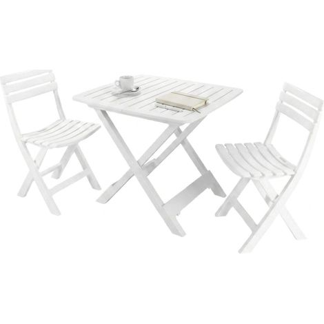 Dmora Conjunto de exterior compuesto por: 2 sillas y 1 mesa, Made in Italy, color blanco, con embalaje reforzado