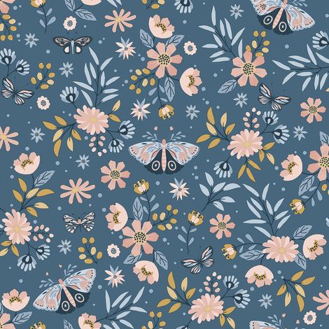 Papier peint floral papillons fond bleu nuit (1/2)