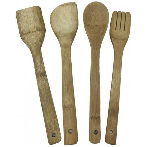 Castey Set Utensili da Cucina 4 pz in Bambu' Forchetta Spatola Cucchiaio Cucchiaio Forato colore Naturale