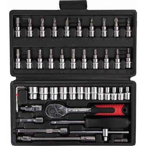 Clé dynamométrique 1/4' réglable 5-25Nm – Acier chrome vanadium – 46 pièces – Cliquet réversible pour précision (1/3)
