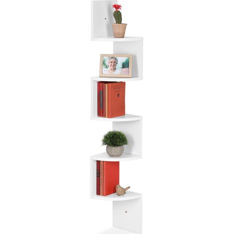 Relaxdays Étagère d’angle à 5 plateformes, à suspendre, design zigzag, murale, MDF, HxLxP 122 x 19,5 x 19,5 cm, blanc