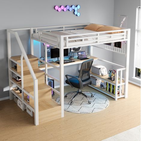 Letto a soppalco 140x200 cm in metallo e MDF bianco con scrivania, scaffale, rete LED e prese USB/Type-C