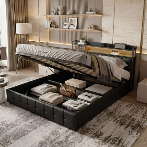 Creahappy Lit Coffre 140x190 cm avec Rangement - Gain d'Espace & LED Connectée - Similicuir PU Noir Contemporain avec Port USB-C (1/5)