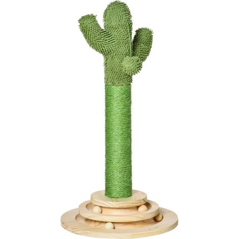 Arbre à chat cactus en pin naturel de 32x32x60 cm avec griffoir sisal et balle en bois - Décoration verte et écolo pour chat (1/5)