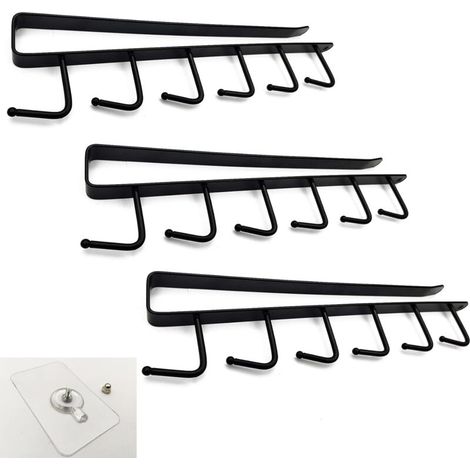 Set di 3 portabicchieri da incasso per mobili, ganci per riporre tazze e bicchieri da vino, ganci da cucina, organizer, scolapiatti senza foratura - Nero