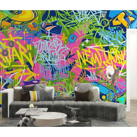 Papier peint graffiti - lettrages sauvages multicolores - 150 x 250 cm (1/2)