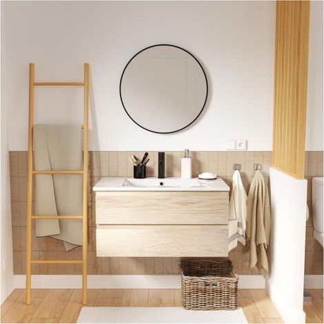 Mob-In – Meuble simple vasque 80 cm décor chêne – Vasque, miroir rond 60 cm, robinet mitigeur noir mat – Rangement optimisé pour salle de bain