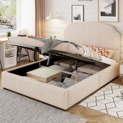 Bett 140x200 Doppelbett mit Stauraum Beige OKMYHOME (1/5)