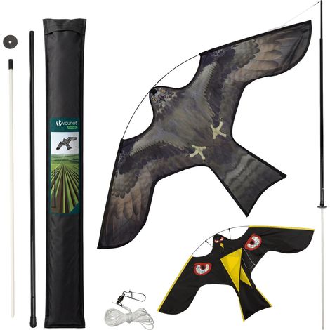 VOUNOT® Espantapájaros Cometa Voladora Cultivos Protector de Aves Halcón Ahuyentador Aves Palomas para Jardín Granja Repelente Visual Pájaros con Mástil Telescópico 4m 2 Cometas F&G