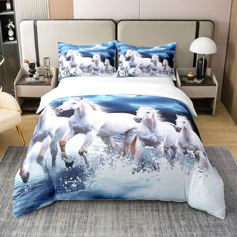 Housse de Couette Cheval Blanc Coton 220x240,Housse de Confort Respirante Ferme Wildlife Lune,Housse de Confort Cheval de Course 3D avec Cravate Zippée pour Enfants,Adolescents,Adultes,Bleu (1/5)