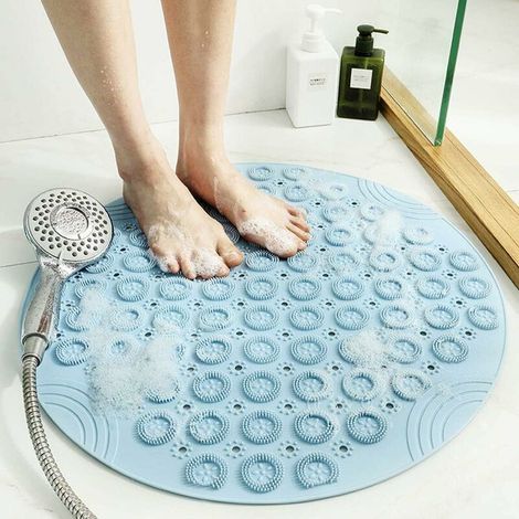 PVC Tapis de Bain de Massage Rond Tapis Douche Antidérapant Tapis de Salle de Bain Tapis de Douche Lavable en Machine Tapis de Baignoire avec Trous de Drainage et Ventouses,55x55cm,Bleu (1/5)