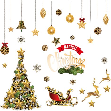 Stickers fenêtre Noël amovibles, flocons/Santa/renne/arbre doré, décoration vitrine/boutique