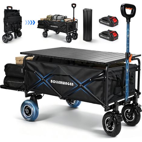 240L Chariot Électrique Pliable 2x50W Charge 80kg Électrique /120kg Manuel avec Plateau Table 84×53cm Pneus Gonflables Cadre Acier Renforcé Poignée Réglable Compatible Makita 14,4V pour Camping Jardin (1/5)