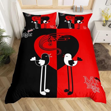 Mr Mrs Housse de Couette Couple Romantique Mariage Thème Parure Housse de Couette Love Birds Homme Femme Romance Parure de Lit 220x240cm Noir Rouge Saint Valentin Cadeau Ultra Doux Room Decor - 220x24 (1/5)