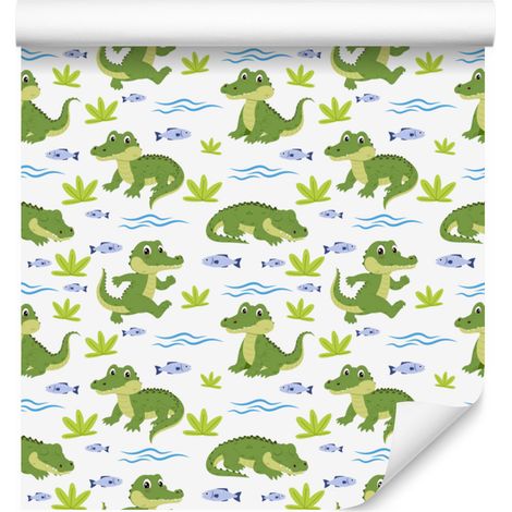 Papier peint crocodile blanc et vert citron pour salon et chambre 50x1000 cm (1/5)