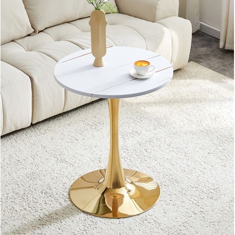 Mesa auxiliar redonda (76.0x73.5x21.5 cm), estilo Mid Century, tablero blanco veteado, patas metálicas doradas, MDF y metal (1/5)